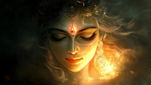 Divine luminous goddess portrait with glowing mandala fire.