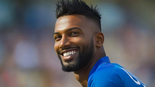 Sunlit smile of an athlete in bright blue jersey.