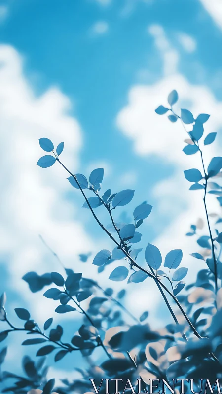 Cool-toned leaf silhouettes against soft sky bokeh backdrop.