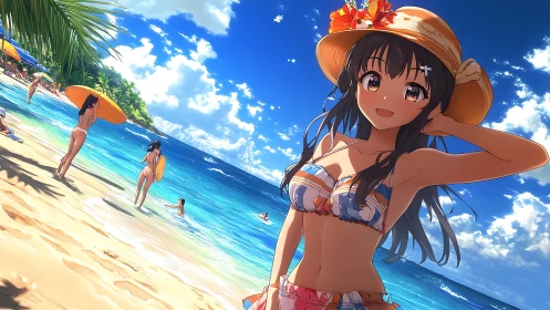 Sunlit anime beach day with a smiling girl in summer joy.
