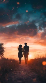 Two silhouetted figures hold hands while walking toward glowing sunset