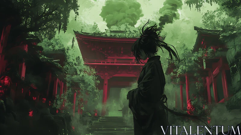 Shadowed ronin before a crimson shrine in toxic mist.