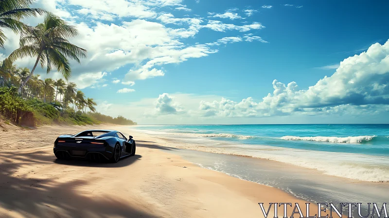 Black sports car parked on sunny tropical ocean beach