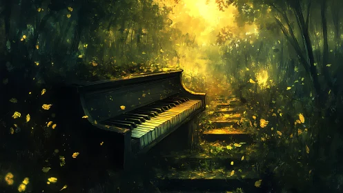 Forest piano glows under golden ethereal morning light.