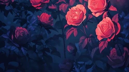 Neon Garden Dreams: Roses Glowing in Twilight.