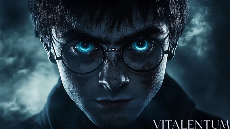 Moody wizard portrait with glowing cyan eyes in mist.