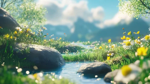 Sunlit wildflower creek in lush spring valley landscape.