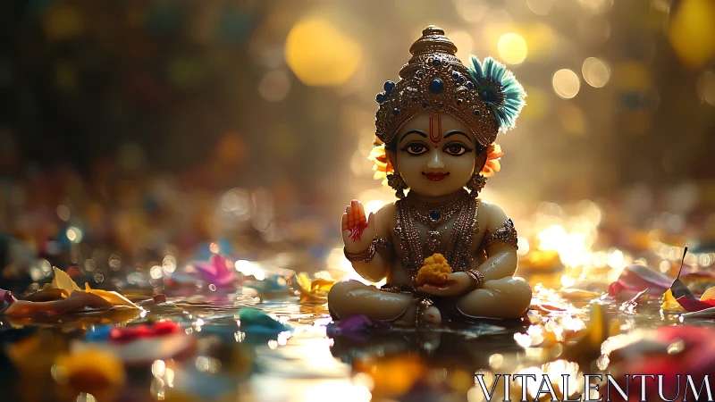 Photorealistic baby Krishna idol with luminous bokeh ritual focus.