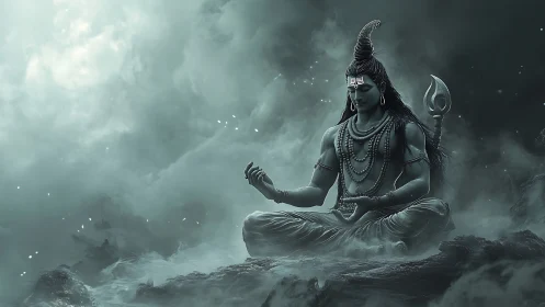 Digital painting of meditative Shiva amid ethereal storm clouds.