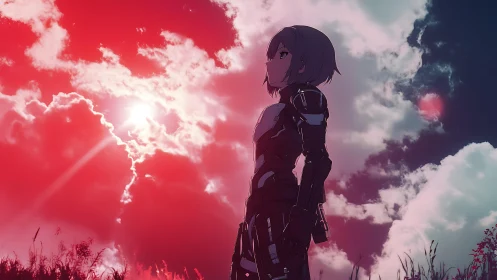 Armored anime sentinel under radiant red sky. Period.
