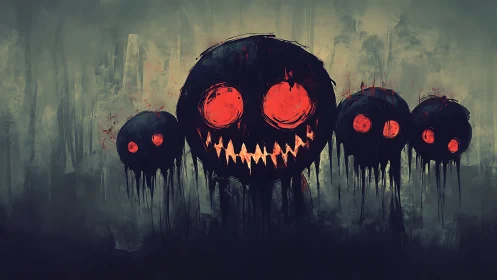 Grotesque red eyed skull spheres float in a dark mist