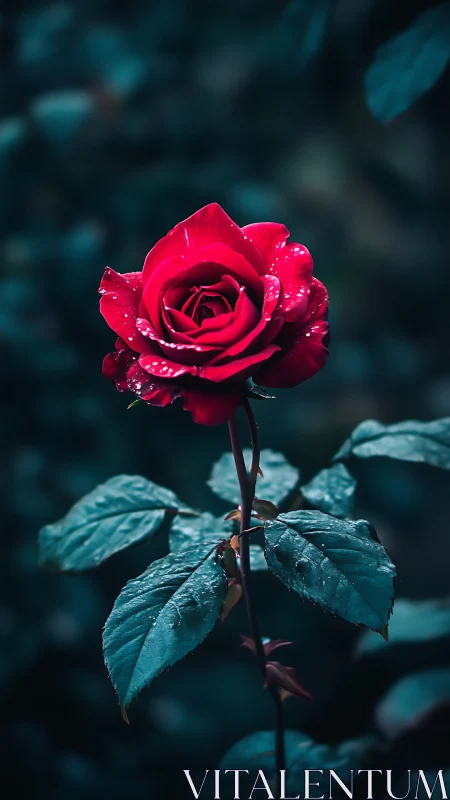 Crimson rose with water droplets in dark moody setting.