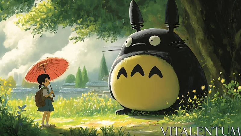 Shy girl meets gentle forest giant under a sunlit umbrella.