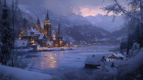 Snowy riverside village glowing with cozy winter magic.