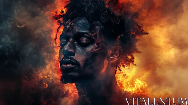 Portrait of a contemplative man engulfed in stylized fire glow