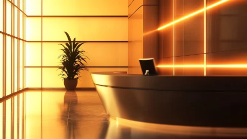 Minimalist Reception Desk with Neon Accents and Botanical Element.