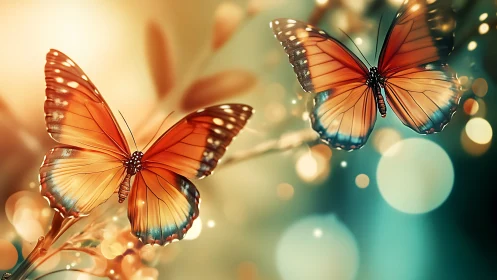 Radiant orange butterflies in dreamy bokeh forest light.