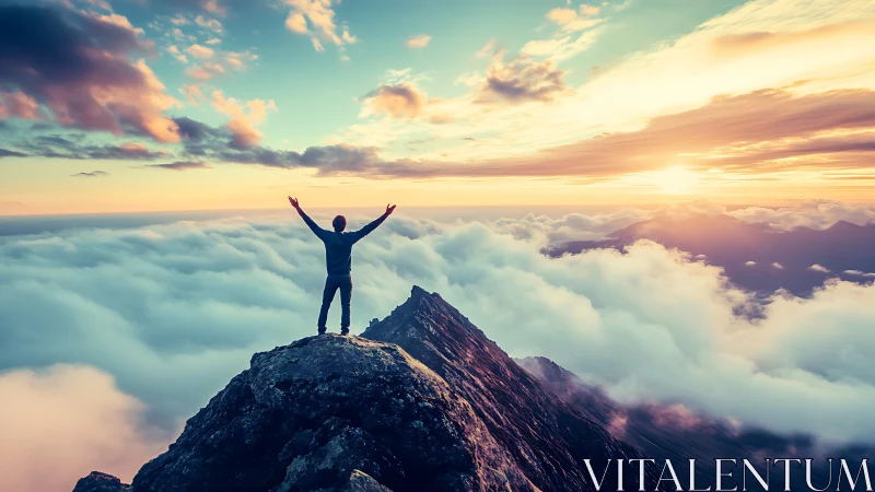 Hiker celebrates sunrise above clouds on rugged summit peak.