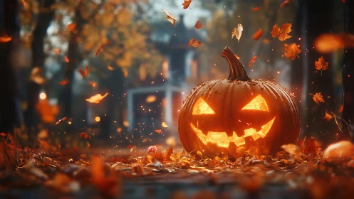 Jack-o’-lantern glowstorms through a swirling autumn alley.