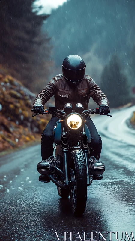 Rainy mountain rider embraces the winding open road