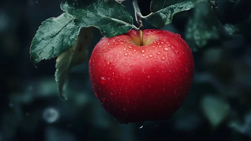 Macro study of dew-covered red apple against dark foliage