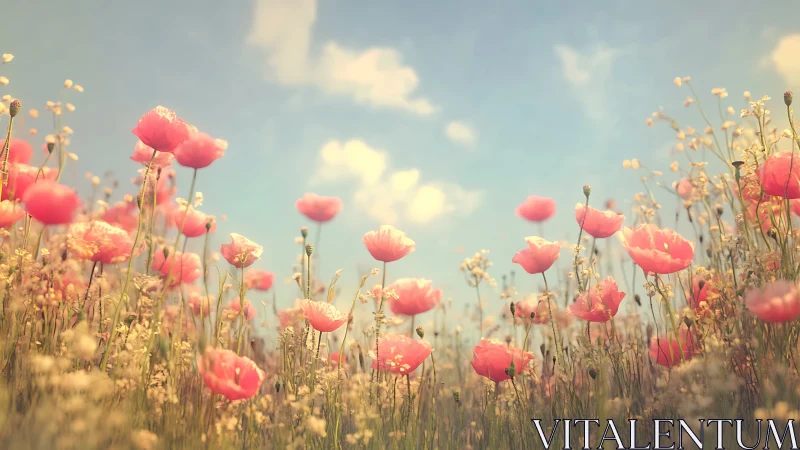 Pink Poppy Field Under Blue Sky.