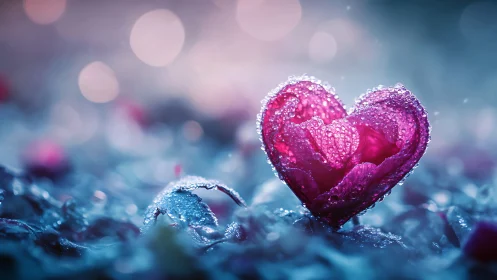 Frost-covered heart shape in crystalline winter landscape