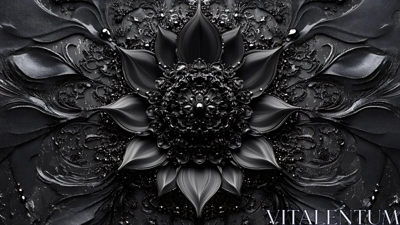 Radially symmetric black liquid blossom with sculpted relief detailing.