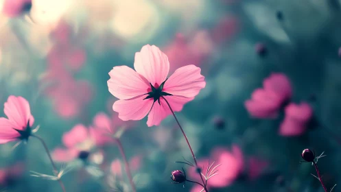 Soft-focus cosmos flowers with selective depth of field rendering and bokeh.