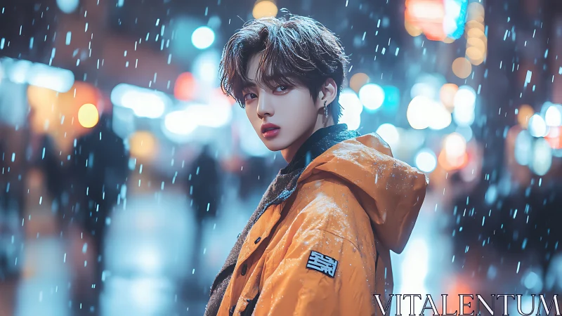 Youthful night wanderer in glowing rainy city streets.