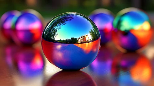 Chromatic HDR spheres with environment-mapped reflections on wood.