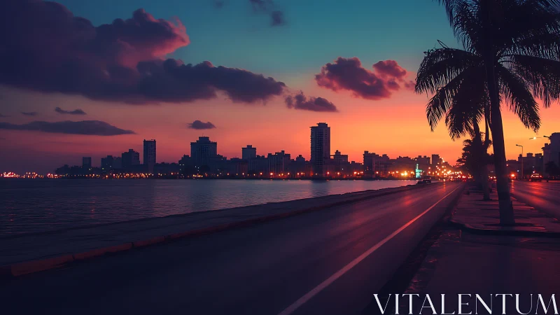 Sunset boulevard lines glow beside a tranquil coastal city.