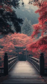 Mist-kissed shrine bridge amid crimson autumn silence.