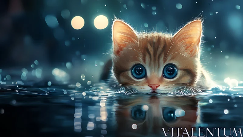 Luminous Feline Portrait in Aquatic Nocturne Setting.