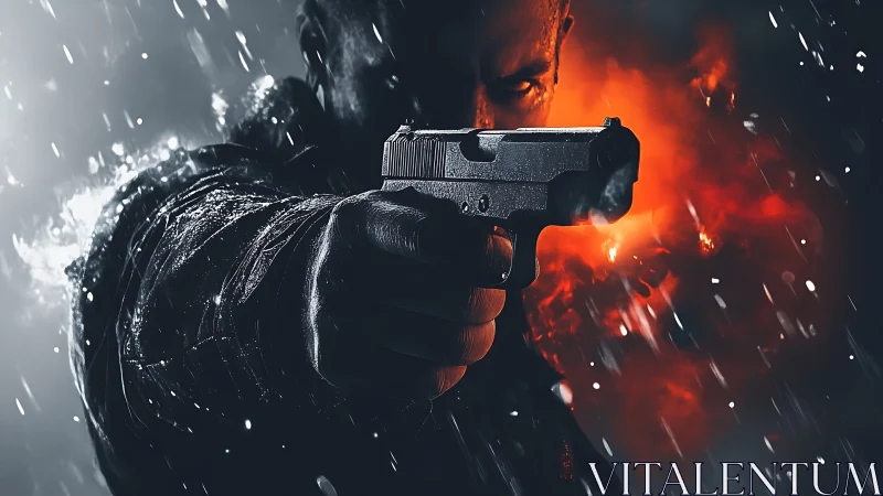 Stormlit gun barrel divides rain-soaked shadow and fire