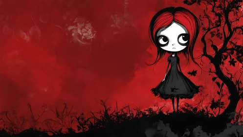 Stylized girl in black dress against red abstract field.