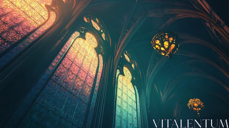 Gothic stained glass nave rendered in luminous digital perspective