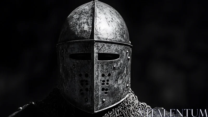 Medieval steel helmet close-up in stark dramatic lighting.