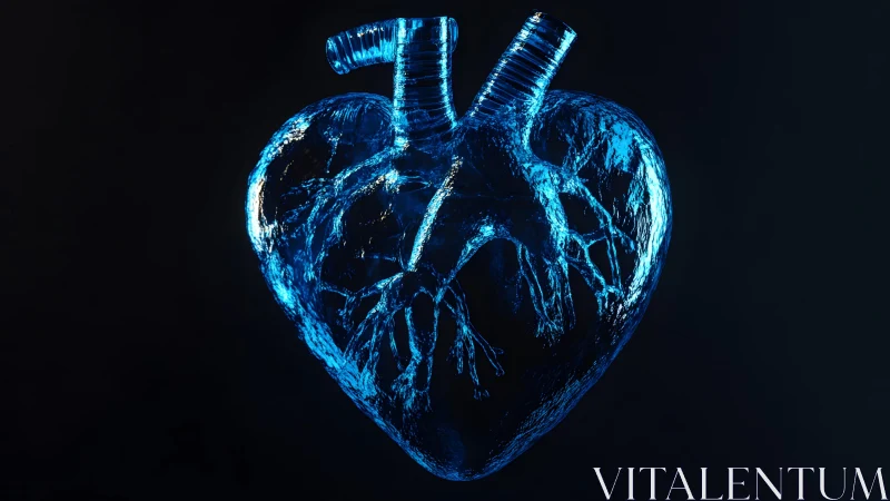 Futuristic Transparent Human Heart Render in Blue Light, Digital Art.