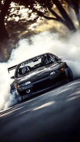 Turbo drift car carves a smoky line through forest shadows.