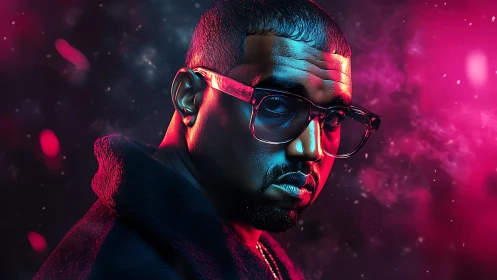 Male portrait in neon pink and blue cinematic lighting.