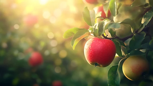 Red apples on tree branch in soft backlit orchard scene.