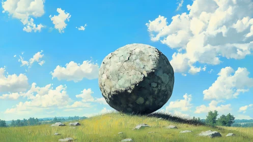 Weathered stone sphere rests on grassy hill under clouds