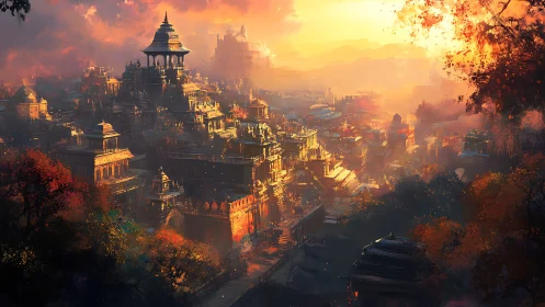 Sunlit terraced temple city in atmospheric golden haze at dusk