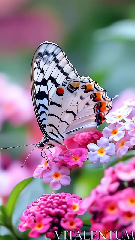 Macro study of striped butterfly on pink lantana under shallow depth