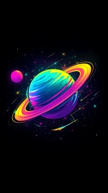 Neon ringed gas giant with orbiting moon on black cosmos