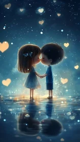Digital Romantic Illustration: Anime Couple Kissing Among Luminescent Bokeh Hearts