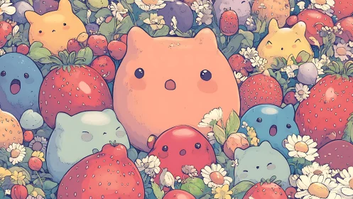 Cartoon animal figures surrounded by strawberries and flowers.