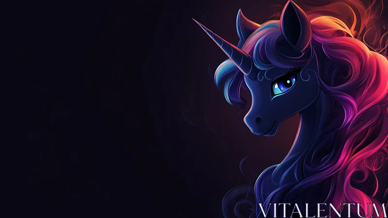 Iridescent unicorn portrait with neon gradients on black field.