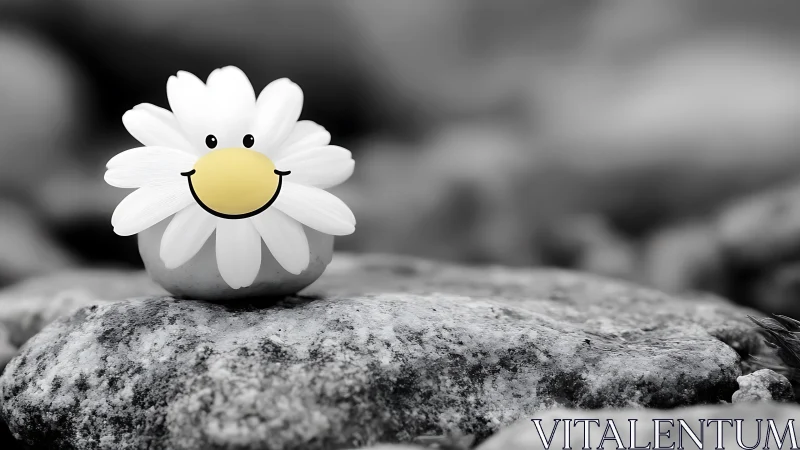Smiling cartoon daisy on smooth stone in grayscale scene.